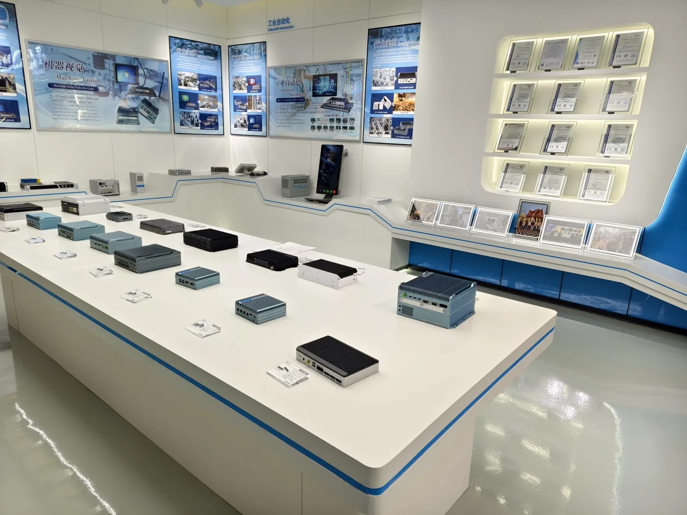 IPCtech industrial PC showroom displaying panel PCs and embedded computers